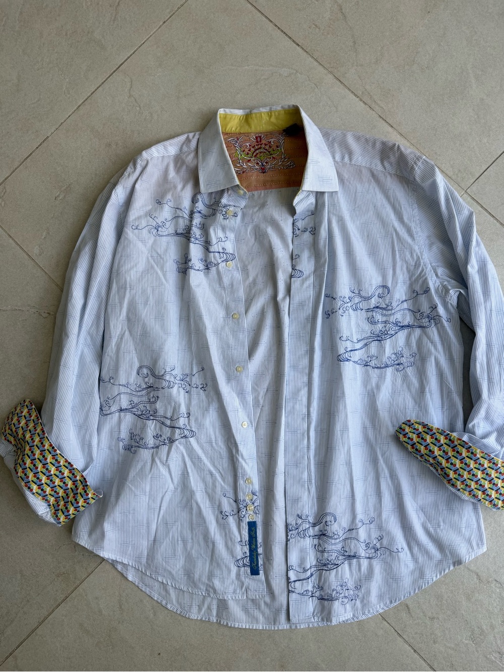 Robert Graham White & Light Blue Embroidered Dress Shirt with Yellow Accents